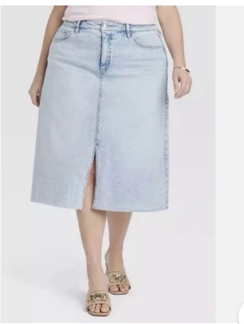 Ava & Viv Women’s Plus Size 20: Blue A Line Denim Midi Skirt with Front Slit